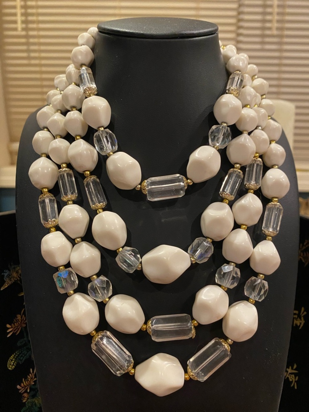 Western Germany Multi-Strand White Beaded Statement Necklace. Glass and Lucite